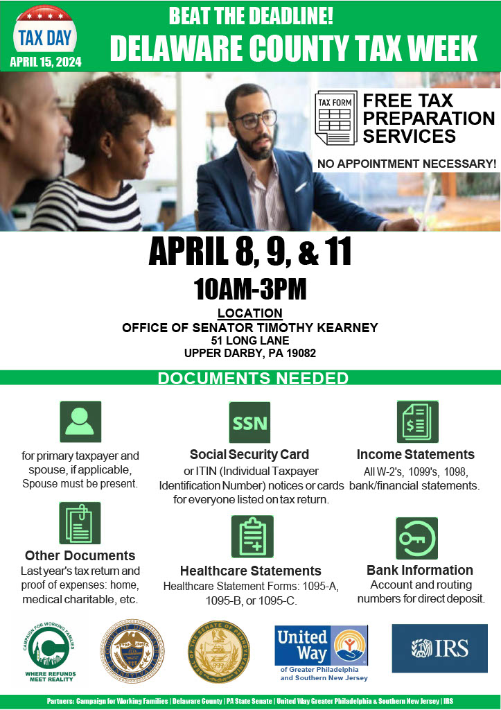 Still need to file your taxes? With the deadline to file approaching, I want to remind you that my office has partnered w/ Campaign for Working Families to serve as a free tax preparation drop-off site. Visit my Upper Darby office on April 8, 9 or 11. NO APPOINTMENT NECESSARY!