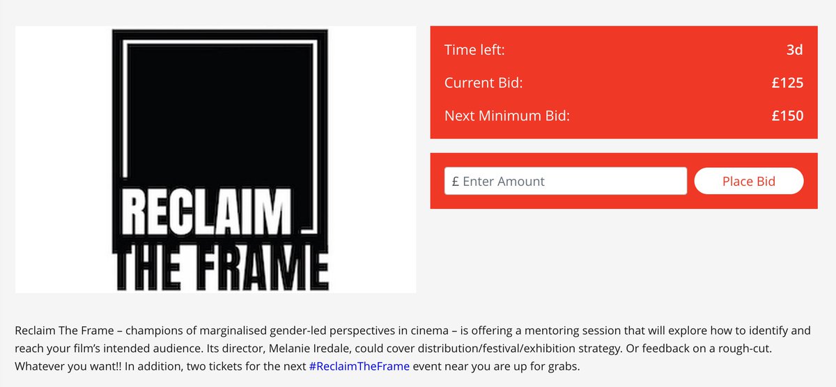 The good people of @Cinema4Gaza incl all who have donated are CLOSE TO RAISING 100K!! At @ReclaimTheFrame, we're proud to be part of it - offering a 1-2-1 mentoring session or notes on your rough-cut. Bids are open close in 3 days!