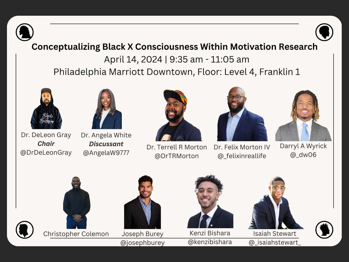 Terrell Morton, PhD (@drtrmorton) on Twitter photo Also, be sure to attend this session on #BlackXConsciousness hosted by <a href="/AERA_MotSIG/">AERA Motivation SIG</a> for #AERA24
<a href="/DrDeLeonGray/">DeLeon Gray</a> as Chair
<a href="/AngelaW9777/">Dr. Angela White</a> as Discussant
Featuring <a href="/FeMorton4/">Felix Morton IV, LCMHC, CHWC, NCC</a> <a href="/_dw06/">🚀🚀🚀</a> <a href="/josephburey/">Joseph Burey</a> <a href="/kenzibishara/">Kenzi, MA, MPhil</a> #ChrisColeman and #IsaiahStewart
#Blackness #Motivation Also, be sure to attend this session on #BlackXConsciousness hosted by <a href="/AERA_MotSIG/">AERA Motivation SIG</a> for #AERA24
<a href="/DrDeLeonGray/">DeLeon Gray</a> as Chair
<a href="/AngelaW9777/">Dr. Angela White</a> as Discussant
Featuring <a href="/FeMorton4/">Felix Morton IV, LCMHC, CHWC, NCC</a> <a href="/_dw06/">🚀🚀🚀</a> <a href="/josephburey/">Joseph Burey</a> <a href="/kenzibishara/">Kenzi, MA, MPhil</a> #ChrisColeman and #IsaiahStewart
#Blackness #Motivation
