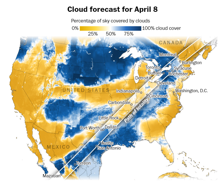 It's eclipse day! Still looking sunny in northern New England and from northern Arkansas into much of Indiana. Plenty of clouds for Buffalo and Rochester. Dallas and Cleveland trending a bit less cloudy.  

Details ⬇️
washingtonpost.com/weather/2024/0…