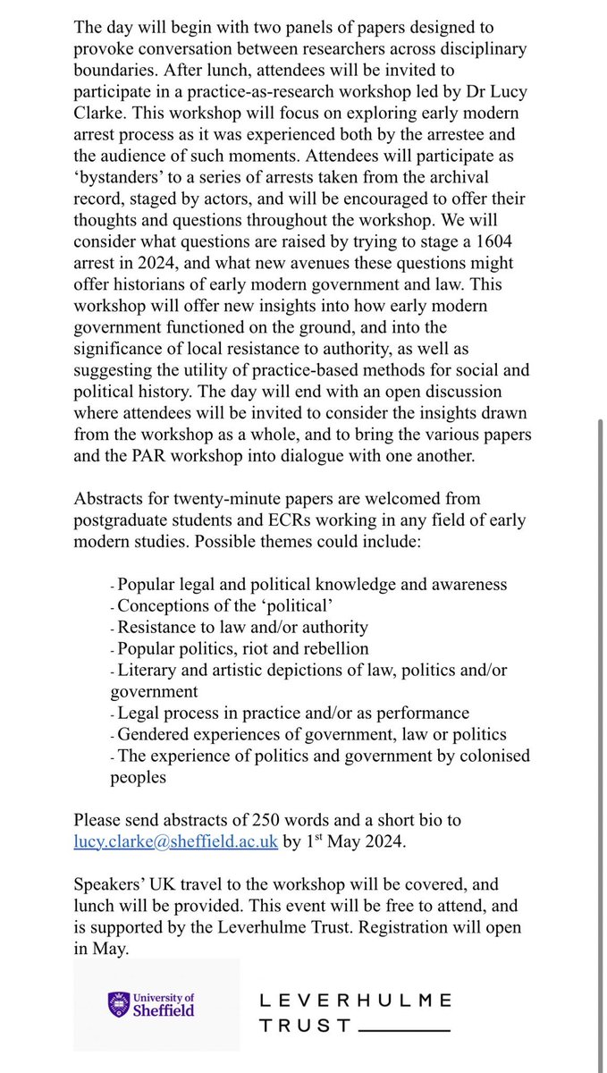 reminder: I am running this interdisciplinary workshop on experiencing law, government and politics in early modern England @SheffieldCEMS on June 7th! PhD students and ECRs, send in an abstract!