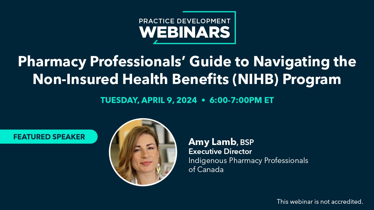 Tune in tomorrow for our webinar with @IndigenousPharm's Amy Lamb! Learn about navigating and administering the NIHB program, challenges facing providers and patients and approaches to culturally safe patient care. Register here: ow.ly/34BR50R2boT