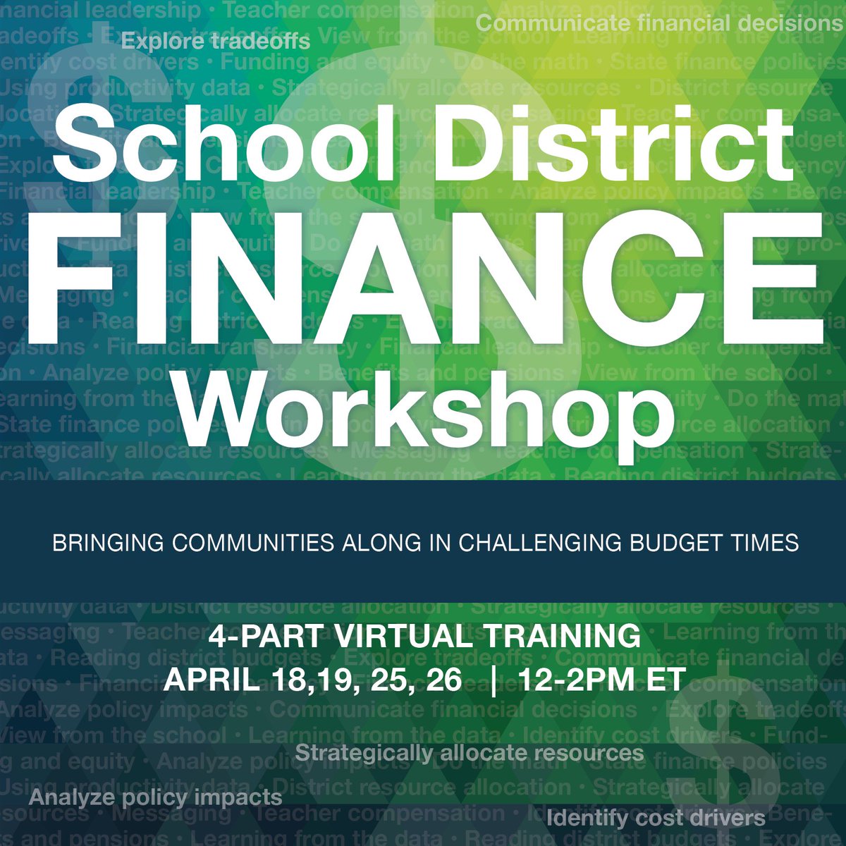 Sign-up for the School District Finance Workshop hosted by @edunomicslab! 4 virtual sessions Apr 18, 19, 25, & 26 from 12-2 PM ET. Topics on financial decision-making, communicating financial decisions, weighing important tradeoffs, and more. Register: ow.ly/BSGy50R8FyO
