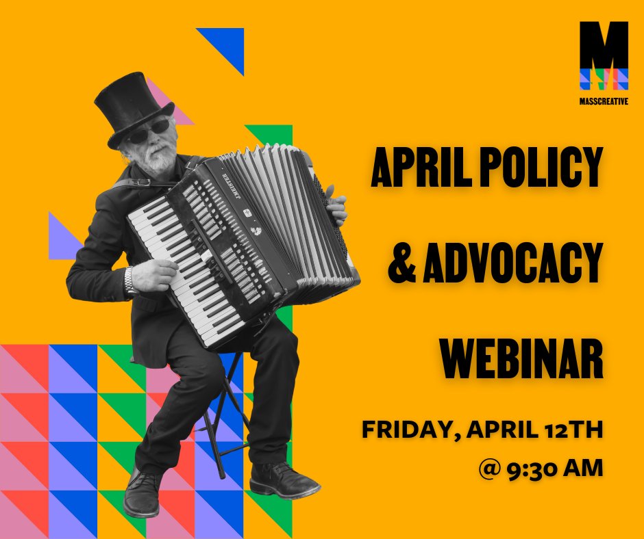 Join us on Friday for our April webinar at 9:30 AM. This month, the House is taking up their FY25 Budget and determining @masscultural's budget for the next year. Register for Friday's webinar to learn about opportunities to advocate for creativity. ow.ly/rrzC50R9ooR