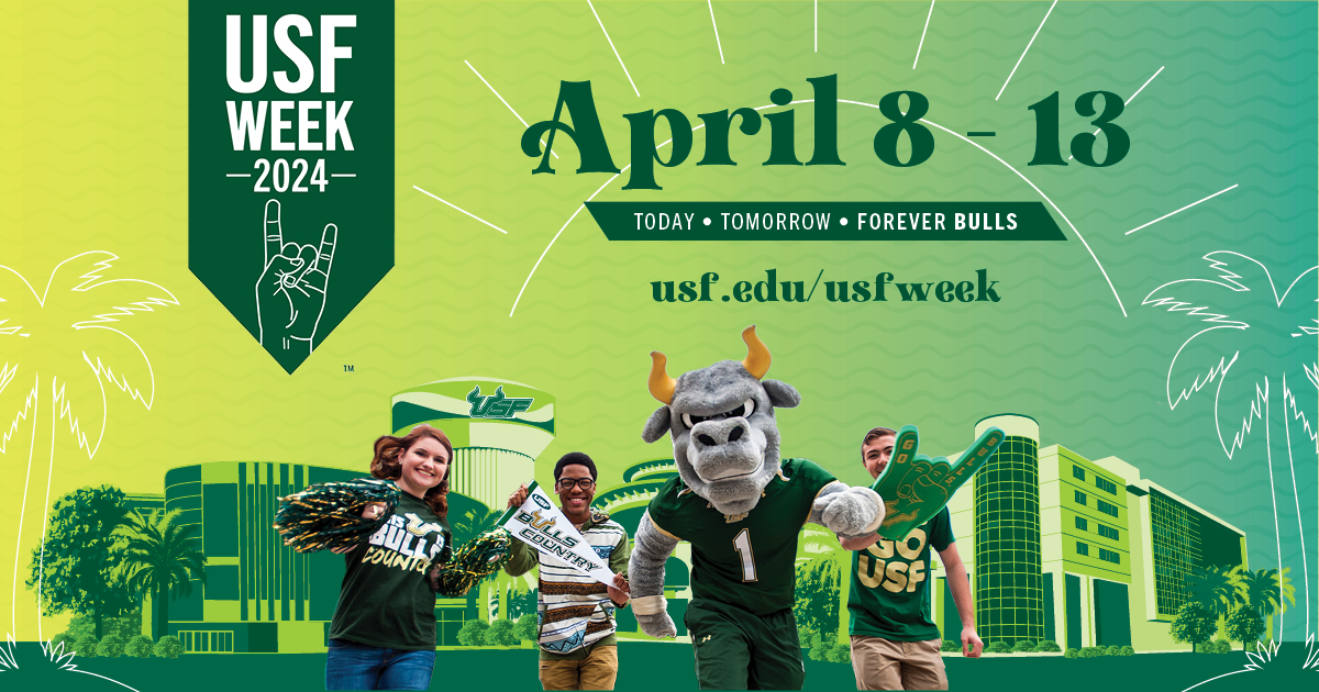 Happy #USFWeek, Bulls!🤩 Celebrate your #USF pride by joining us for a full week of events across our three campuses: 🤘Attend Rocky's birthday bash 🤘Stop by Bullstock or RiverFest 🤘Don't miss the @USFFootball Spring Game! Full schedule ➡️ ow.ly/wRbQ50R9CeT