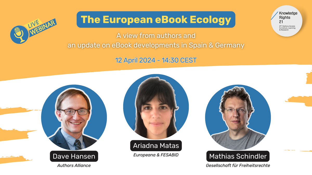 🔥 This Friday: explore the future of #eBooks & #eLending in Europe at our webinar! 📆 12 April (14:30 CEST) 👥 Experts:  👉 @DigLibCopyright (@Auths_Alliance) 👉 @ariamatas (@Europeanaeu/@fesabid) 👉 @presroi (@freiheitsrechte) 🎟️ Register: us06web.zoom.us/webinar/regist… #eBookSOS