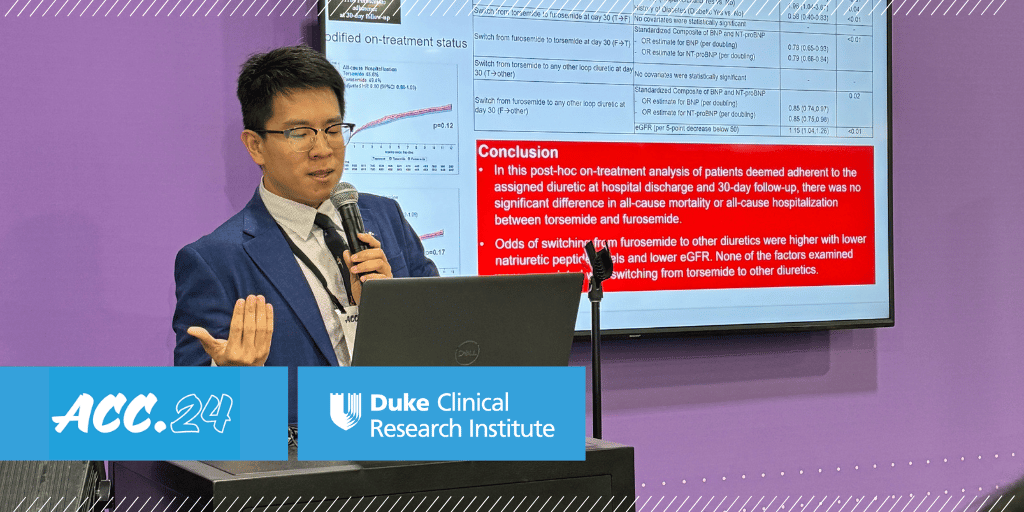 “In this post-hoc on-treatment analysis of TRANSFORM-HF — inclusive of all randomized patients, unless they were confirmed to be non-adherent — there was no significant difference in outcomes between torsemide and furosemide,” said DCRI Fellow @vkittipibul at #ACC24.