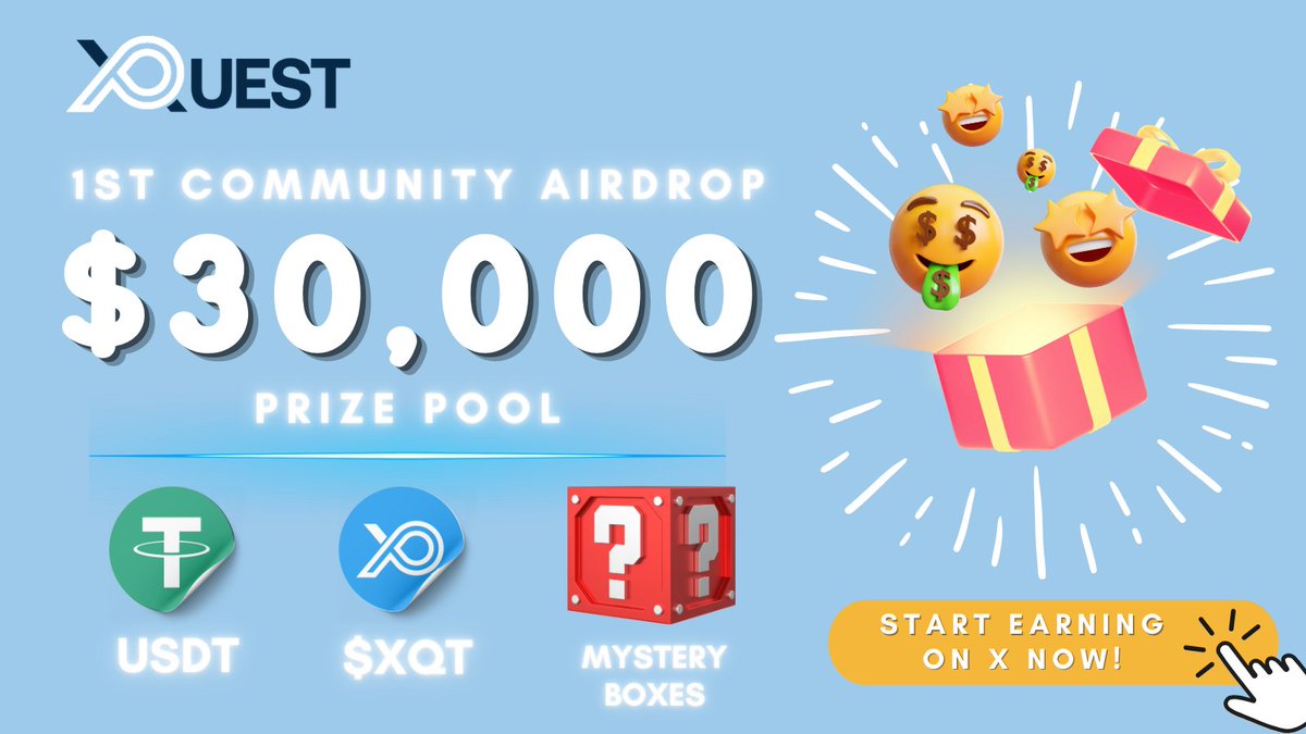 xquest_web3's tweet image. 🚀 Dive into the @xQuest_web3 universe &amp;amp; join our first-ever Community Airdrop! 🎁💰
A whopping $30,000 prize pool awaits! Engage with tasks, earn POINTS (and extra sweet USDT) and grab your share of $XQT tokens! 🌟
Prize Pool 
💵$1,235 $USDT 
🪙$10,000 in $XQT
🎁$18,765 in