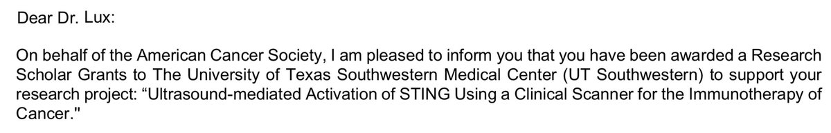 Very excited and honored to be awarded the @AmericanCancer Research Scholar Grant. This 4-year award will allow us to continue our work with @wenjiang_nano to #endcancer with #ultrasound. @UTSW_Radiology @UTSWMedCenter @utswcancer @UTSWGradSchool @UtswBmeProgram @MDAndersonNews