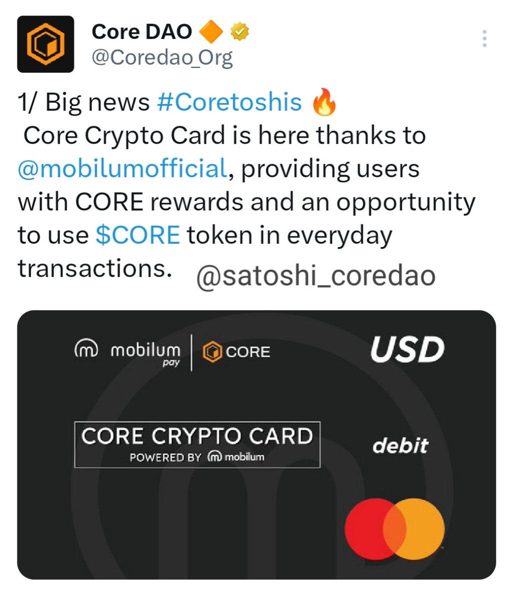 degenproalpha's tweet image. WoW 😧 Congratulations To Every One @Coredao_Org Big Announcement #Core Can be Use In Daily Life By Core Crypto Card as Like @mastercardindia 🏆

If $CORE Hit 5$ I Will Distrubte 500 #Core To 100 User 🧡🏆 

Mandatory Task 👉
Follow @satoshi_coredao 🧡❤️

#OEXCommunity
#Bitcoin