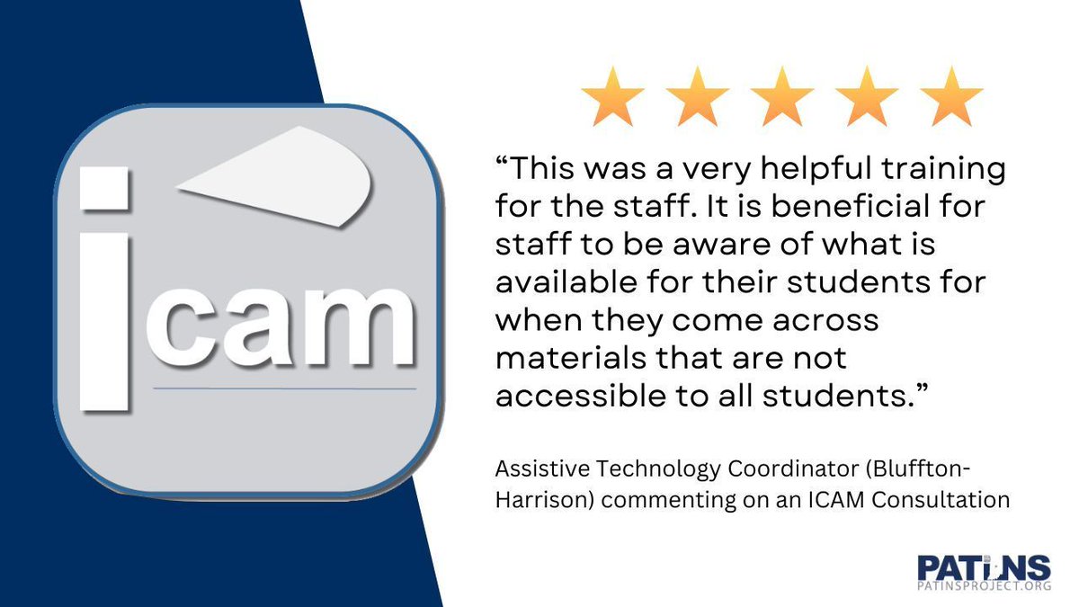 5 star review from an Indiana educator who participated in an ICAM consultation to increase access to educational materials for students in the district! bit.ly/3DYvlwM #PatinsIcam