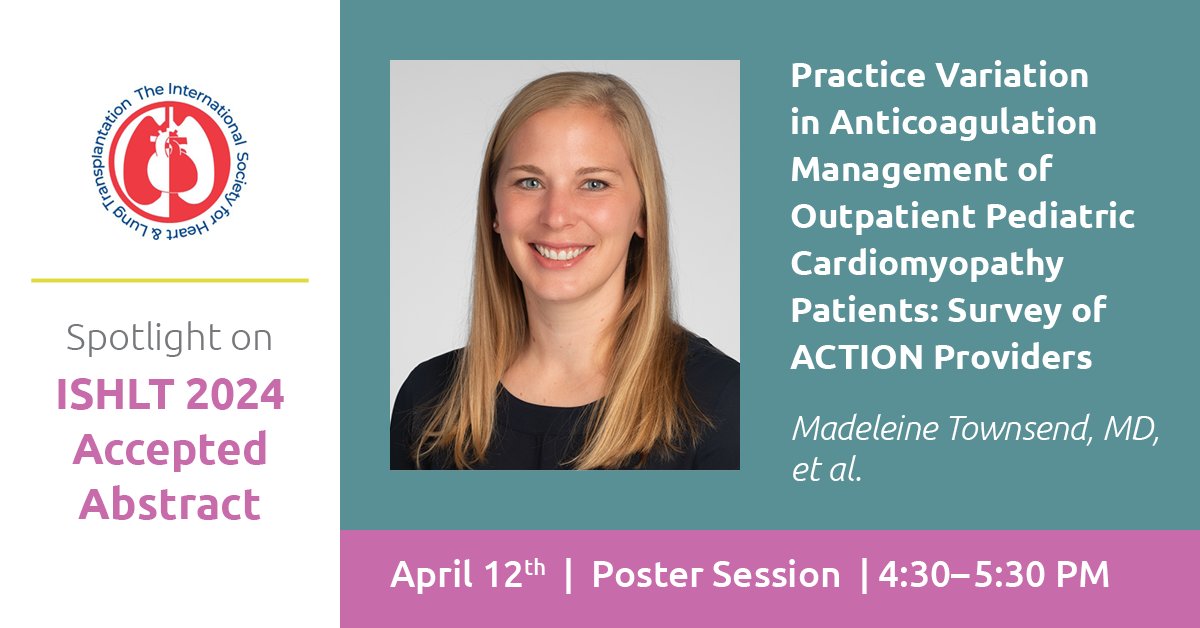 April 12th @ 4:30p | Delve into practice variation in anticoagulation management of pediatric cardiomyopathy patients with Dr. Madeleine Townsend of @ClevelandClinic at #ISHLT2024! Learn more here: bit.ly/4cKo2IR. @ISHLT #PedsHF #Collaboration