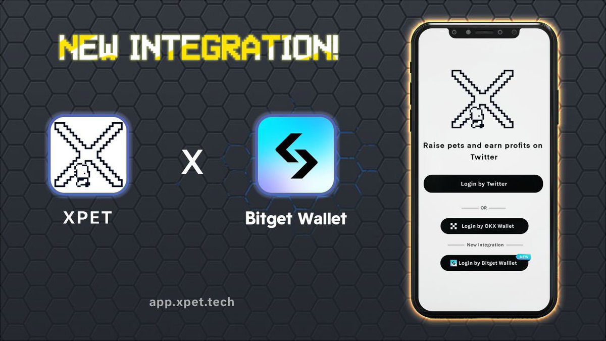 We are thrilled to unveil the integration between @xpet_tech and @BitgetWallet! 🚀 Now, users can easily log in to xPet by using your Bitget Wallet accounts, unlocking a world of possibilities right at their fingertips. Stay tuned for more updates and explore upcoming special