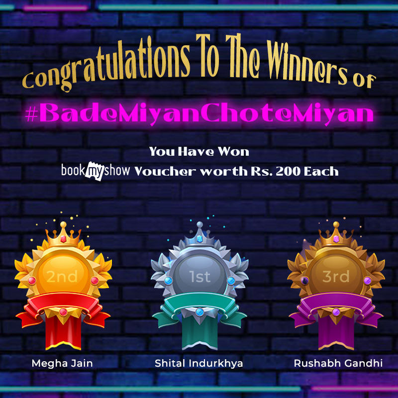 Congratulations to the winners of #bademiyanchotemiyan contest !! 🥁

You each have won bookmyshow voucher worth Rs 200 🎉

Thank you everyone for participating, see you soon with new contest.

#winner #bookmyshow #giveaway #voucher #bollywood #crownit