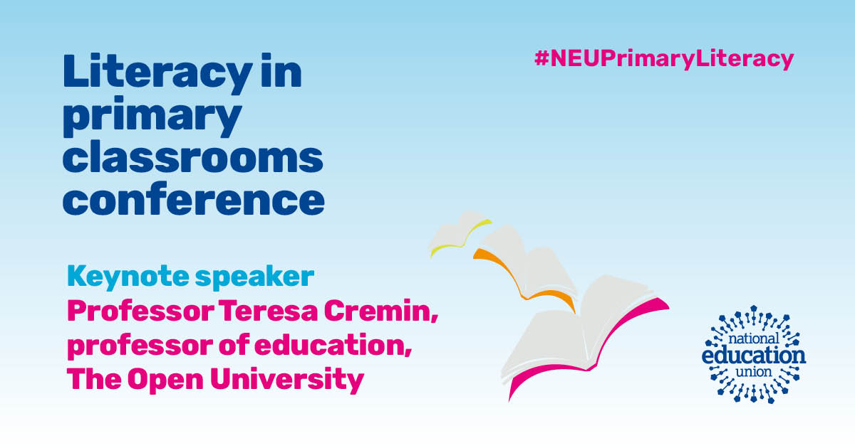 📢Literacy in Primary Classrooms conference 📅⌚ 8:45am, Saturday, 4 May. Inspire children to read and write for pleasure. 🗣️ Keynote speaker: Professor Teresa Cremin Cost: £10. ✍️Book here👉 bit.ly/teaching_liter… #NEUPrimaryLiteracy