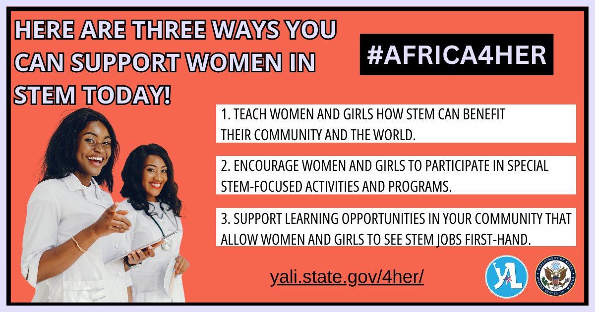 Are you interested in STEM or eager to support women in STEM?  Explore our dynamic flyer showcasing 10 impactful ways to support and empower women and girls in STEM. bit.ly/49rw3Qg
#YALINetwork #Africa4Her #STEM #TechGirls