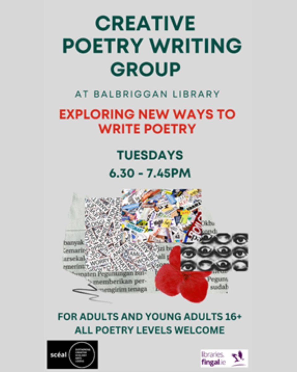 Balbriggan Library & Scéal Collective are inviting poets & aspiring poets to explore creative poetry & spoken word with Sheila Ryder. Come every week or just drop in from 6:30pm to 7:45pm. Book a place at the library desk (01-8704401) or pop in on the day! @fingallibraries