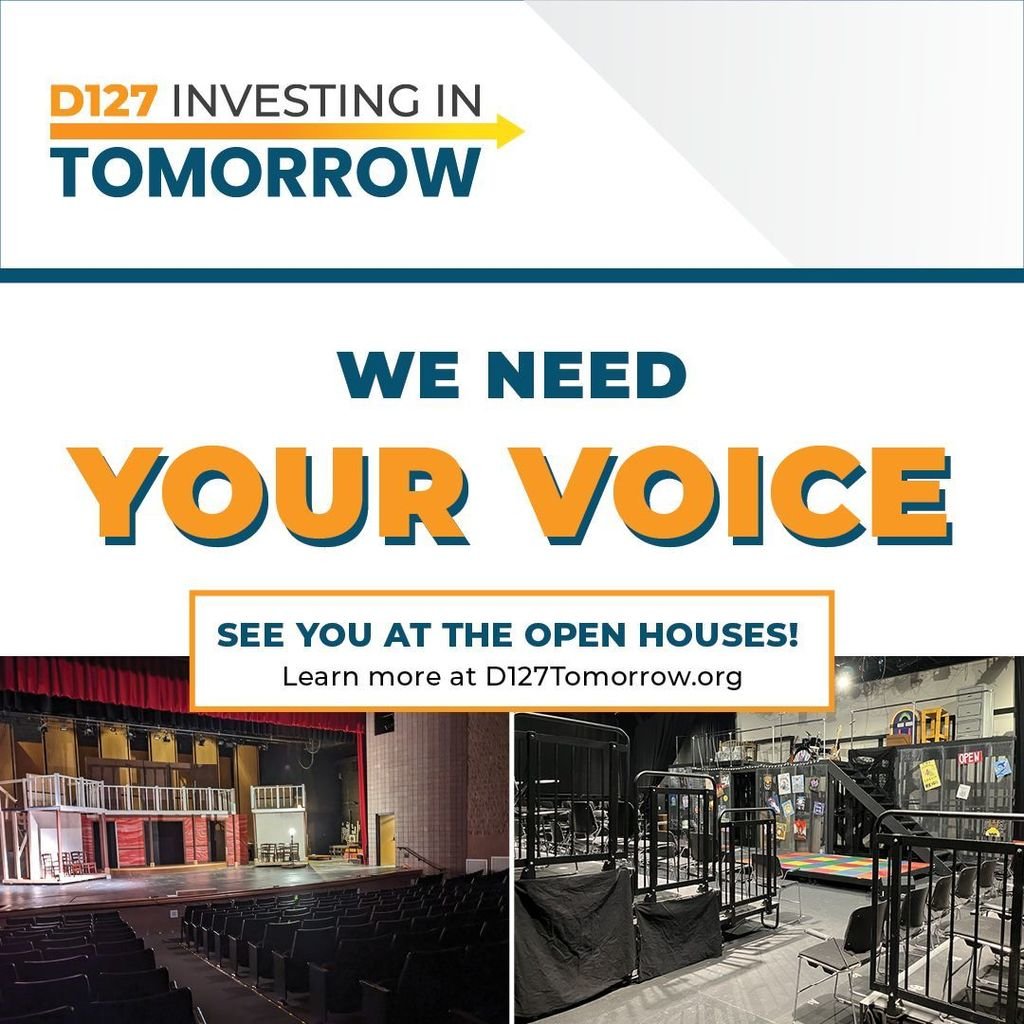 We need your voice! Join us at the D127 Investing In Tomorrow Open Houses. They will be held at North on 04/13 (9-11 am) and 04/18 (6-8 pm), and Central on 04/16 (9-11 am) and 04/20 (6-8 pm). See you at the Open Houses! Learn more at D127Tomorrow.org #D127Tomorrow