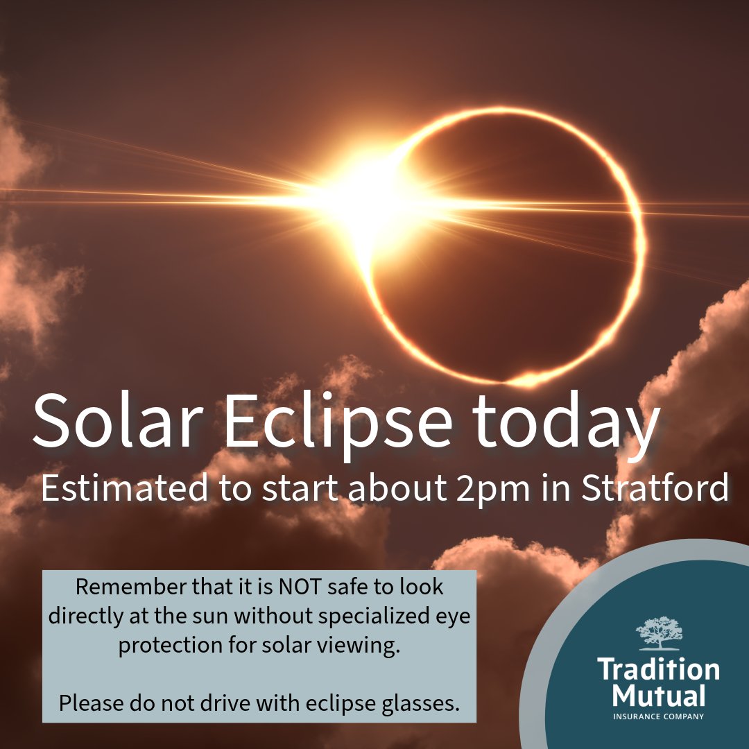 Around 2pm today, a total solar eclipse will begin in Stratford! Remember that it is NOT safe to look directly at the sun without specialized eye protection for solar viewing. ☀️😎

#MutualInsurance #OntarioMutuals #HuronCounty #MiddlesexCounty #PerthCounty #OxfordCounty