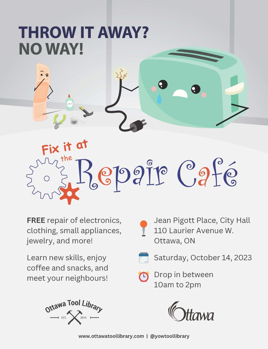 Throw it away? No way! In honour of Earth Day, the City of Ottawa is sponsoring a free Repair Café on Saturday, April 20 10-2 at Ottawa City Hall, 110 Laurier Avenue West. Visit buff.ly/3vQ9eYw for more details.