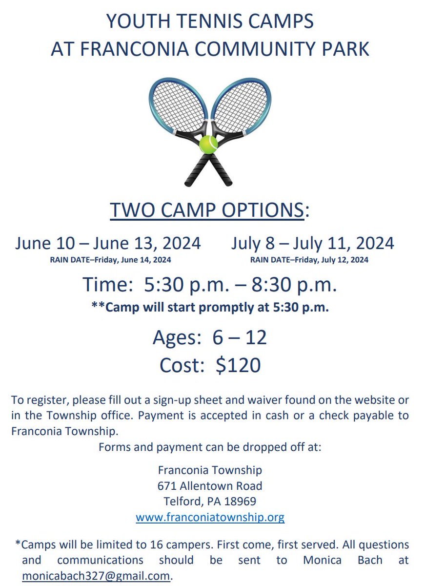 Tennis camps are scheduled for June and July. Learn more: tinyurl.com/yhj9m9cf