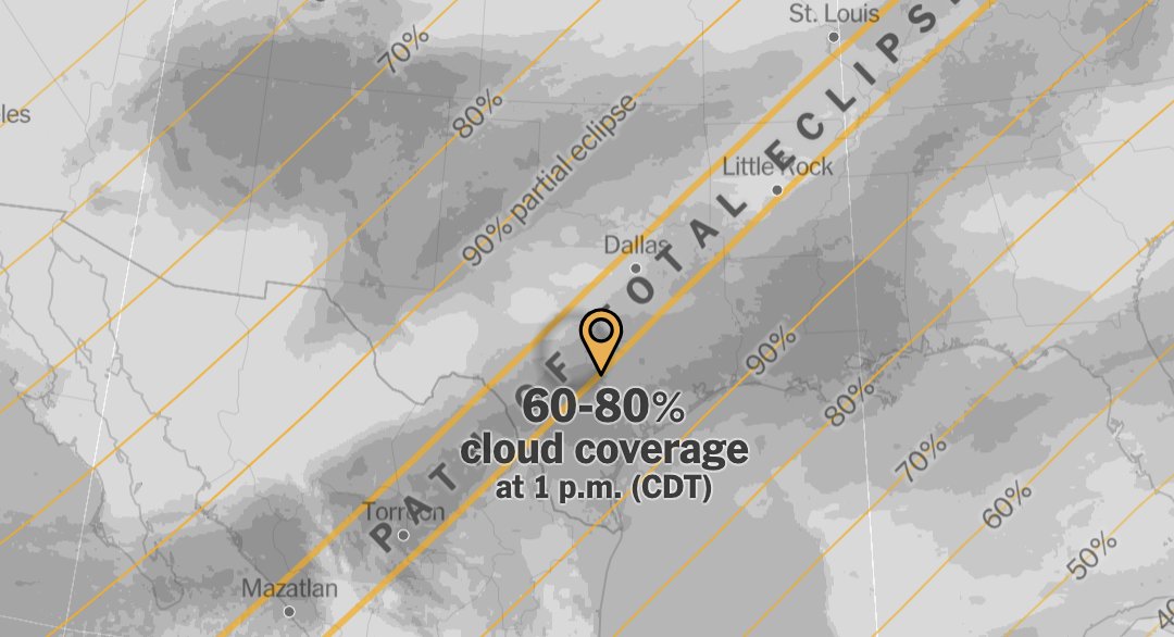 well, it's not looking good for eclipse-viewing here in Austin... very cloudy. but then I saw from this interactive at the NYTimes that we're not alone: a lot of people are going to be seeing a cloudy eclipse. argh! in North Carolina for the last one I had perfectly clear sky...