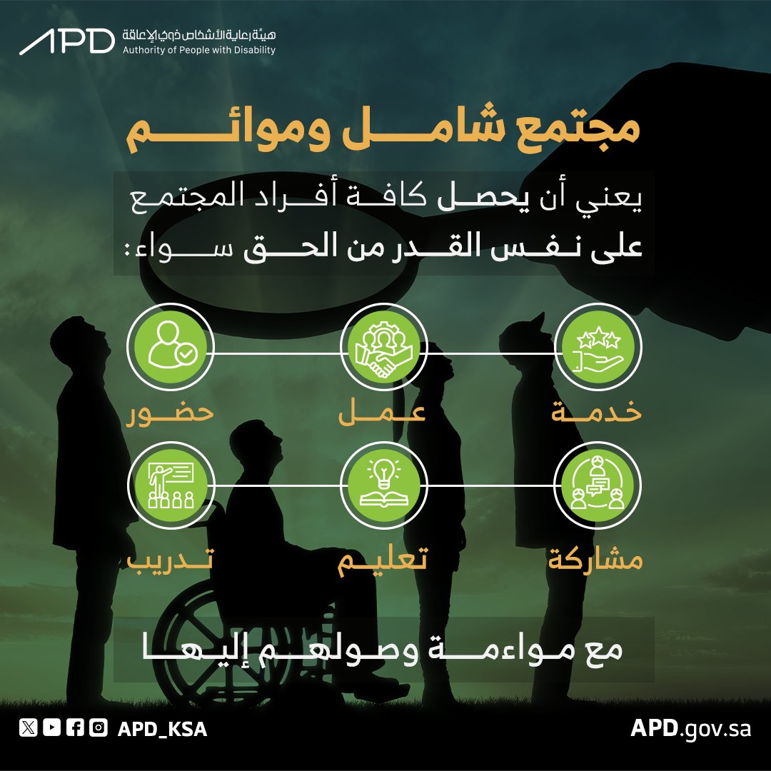 #مجتمع_شامل_وموائم
رؤية نتبناها ونعمل سويةً على تحقيقها،
 لنصل إلى توازن في الحياة العملية والاجتماعية ونضمن مشاركة عادلة من الجميع.