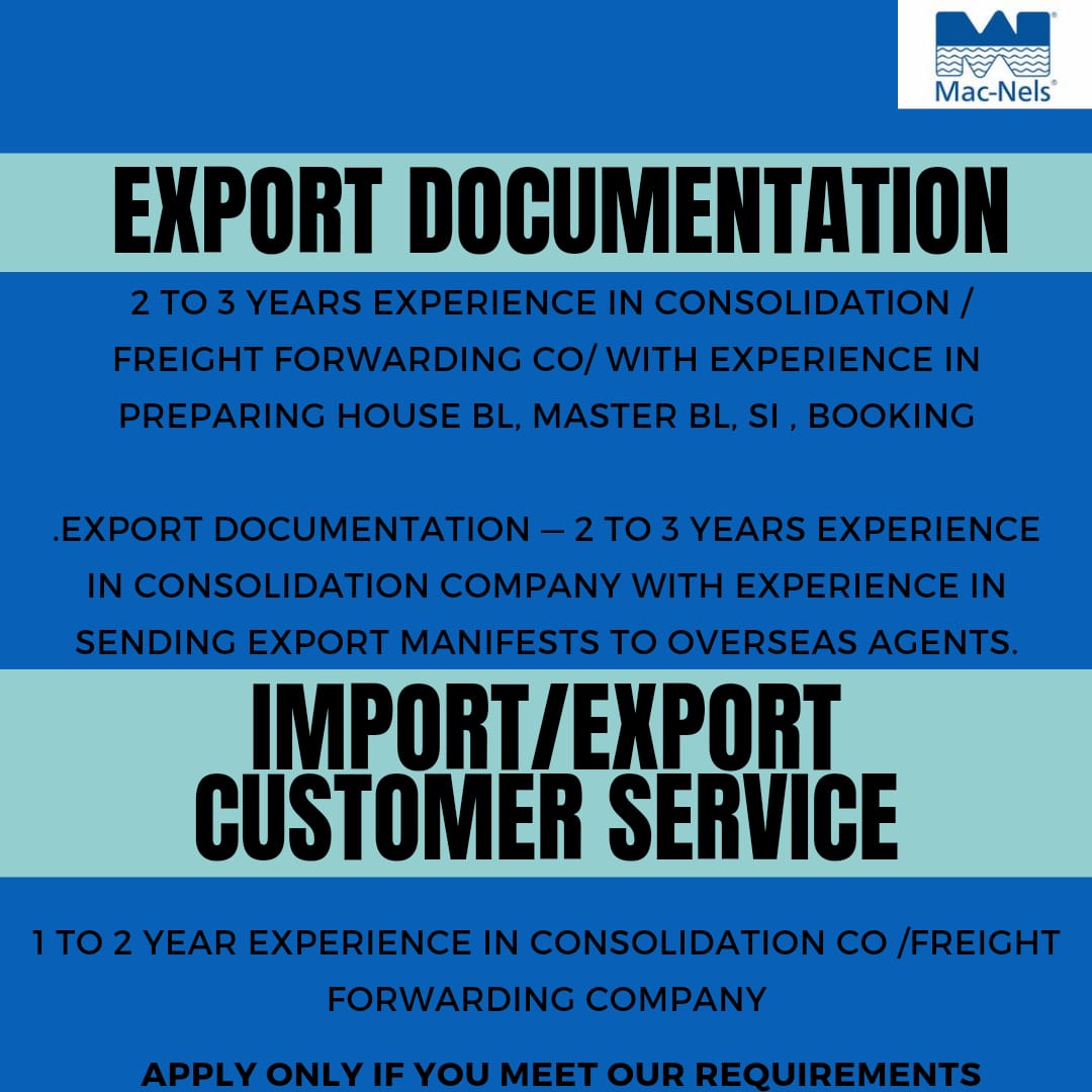 #jobsearch #jobseeker #jobsOnline #jobstoday #HiringAlert #hiring #vacancies #vacancy #freightbroker #freightforwarder #customshouseagent #customsbroker #customsclearence #jobsinmumbai #mumbaijobs #Mumbai - location- vihroli west . Email to  hrdmum@macnelsindia.in