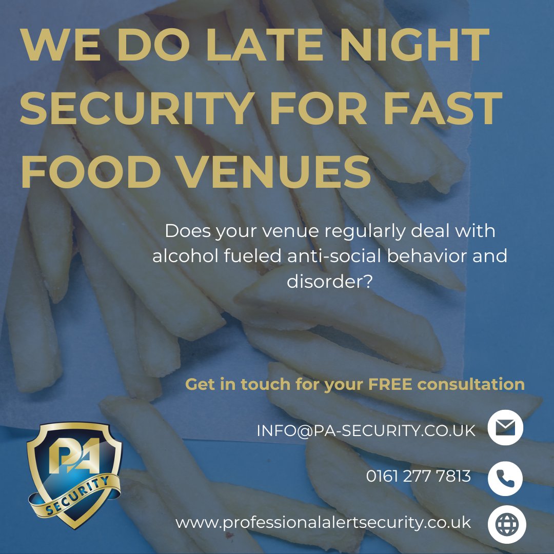 PASecurityLtd's tweet photo. Late night refreshment venues are a great end to a night out for many, however sometimes anti-social behavior and disorder happens. When it does you need a Professional Alert Security guard to evaluate and de-escalate.

Get your FREE consultation HERE: https://t.co/oRZZKedztt https://t.co/DoS8T13q6I