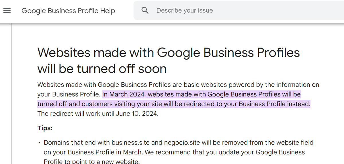 Google News- Did you know that Google websites were discontiued in March 2024? A business without a website will see a decline in search traffic over the course of time. Traffic declines is directly tied to a decline in new business customers. Take action and get back online...