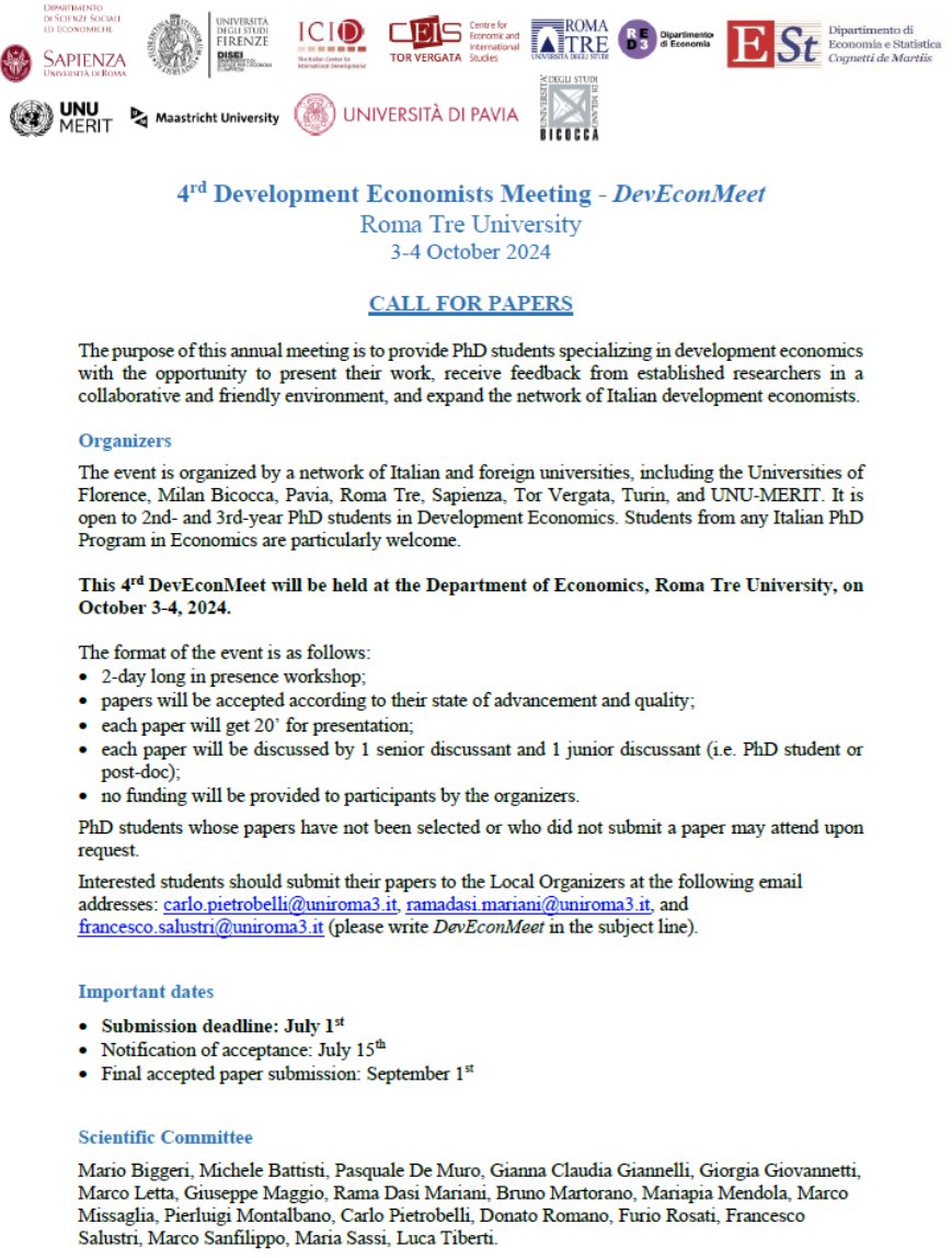 marco_lett's tweet photo. The Call for Papers for the 4th DevEconMeet workshop is now available. PhD students interested in development economics, join us in Rome next October! 👇 https://t.co/J454gKmSAg