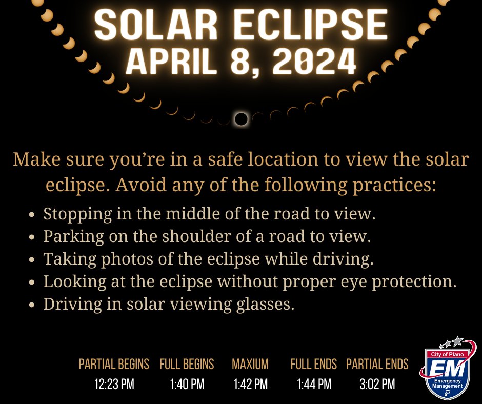 Happy Solar Eclipse Day, Plano!! Make sure you've planned your viewing experience accordingly. You should anticipate increased traffic throughout the day. Please avoid traveling around the city today if you can avoid it. We hope everyone has a fun and safe viewing experience!