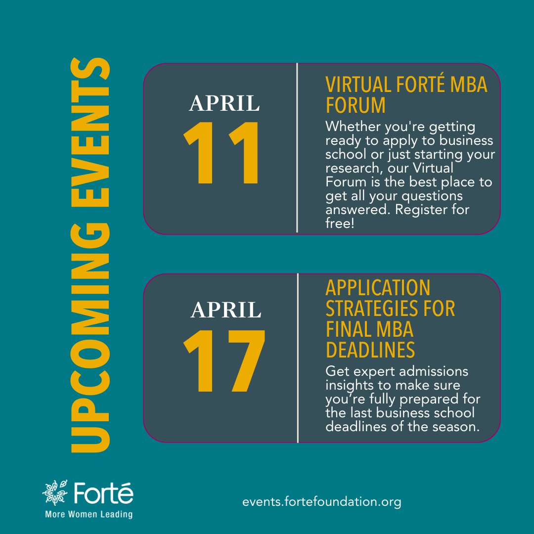 Here’s a preview of our upcoming April events! 🌟 Mark your calendars: Visit events.fortefoundation.org to learn more and register! Don't miss out on these opportunities to supercharge your career journey! 👩‍💼💼 Tag someone who you'd love to join you! #MoreWomenLeading