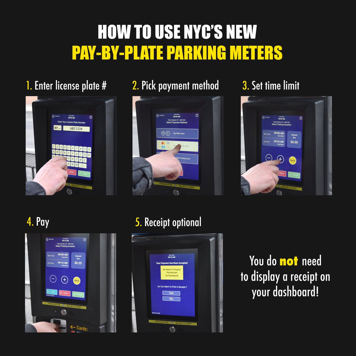 No more displaying paper receipts on your dashboard for short-term parking!   Rolling out next month, NYC’s new pay-by-plate parking meters are easier to use and will save enough paper each year to stretch from NYC to LA.   More info at nyc.gov/paythemeter