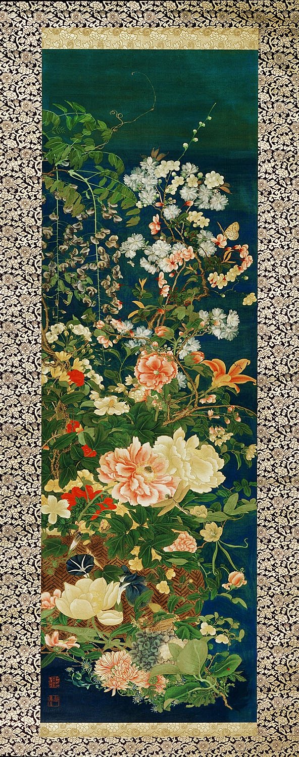 柳澤淇園 絹本着色 掛軸一幅【湖畔に浮かぶ風景画】岩絵具 軸先 柳澤淇園 絹本着色 掛軸一幅【湖畔に浮かぶ風景画】岩絵具 軸先