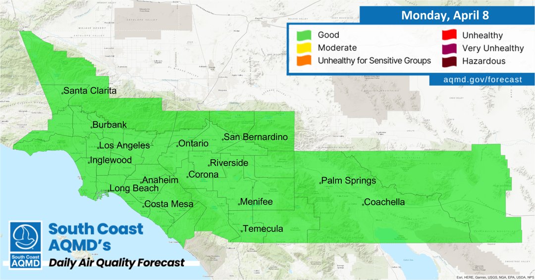 Air Quality Forecast (Monday, April 8th): aqmd.gov/forecast 🏖 Coastal: Good 🏙 LA: Good 🌅 OC: Good 🌄 Inland Empire: Good 🌴 Coachella Valley: Good