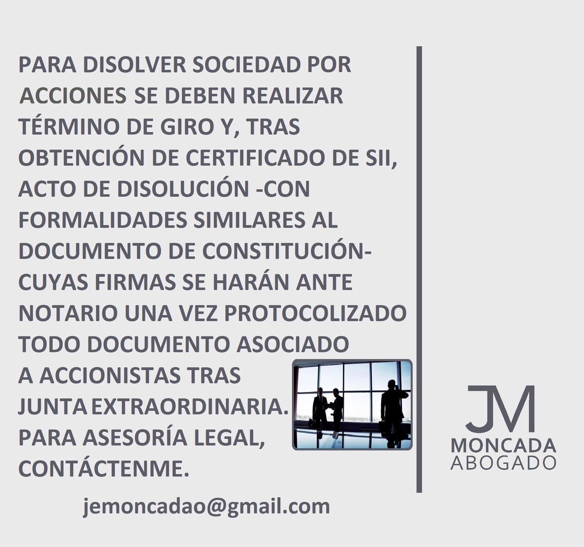 Contacto vía jemoncadao@gmail.com #abogado #asesoríalegal #asistenciajurídica #sociedadcomercial #sociedadanónima #sociedaddeacciones #disolución #escriturapública #PuertoVaras #PuertoMontt #Osorno #Chiloé #Frutillar #Llanquihue #Alerce #NuevaBraunau #Ensenada #Fresia #Chile