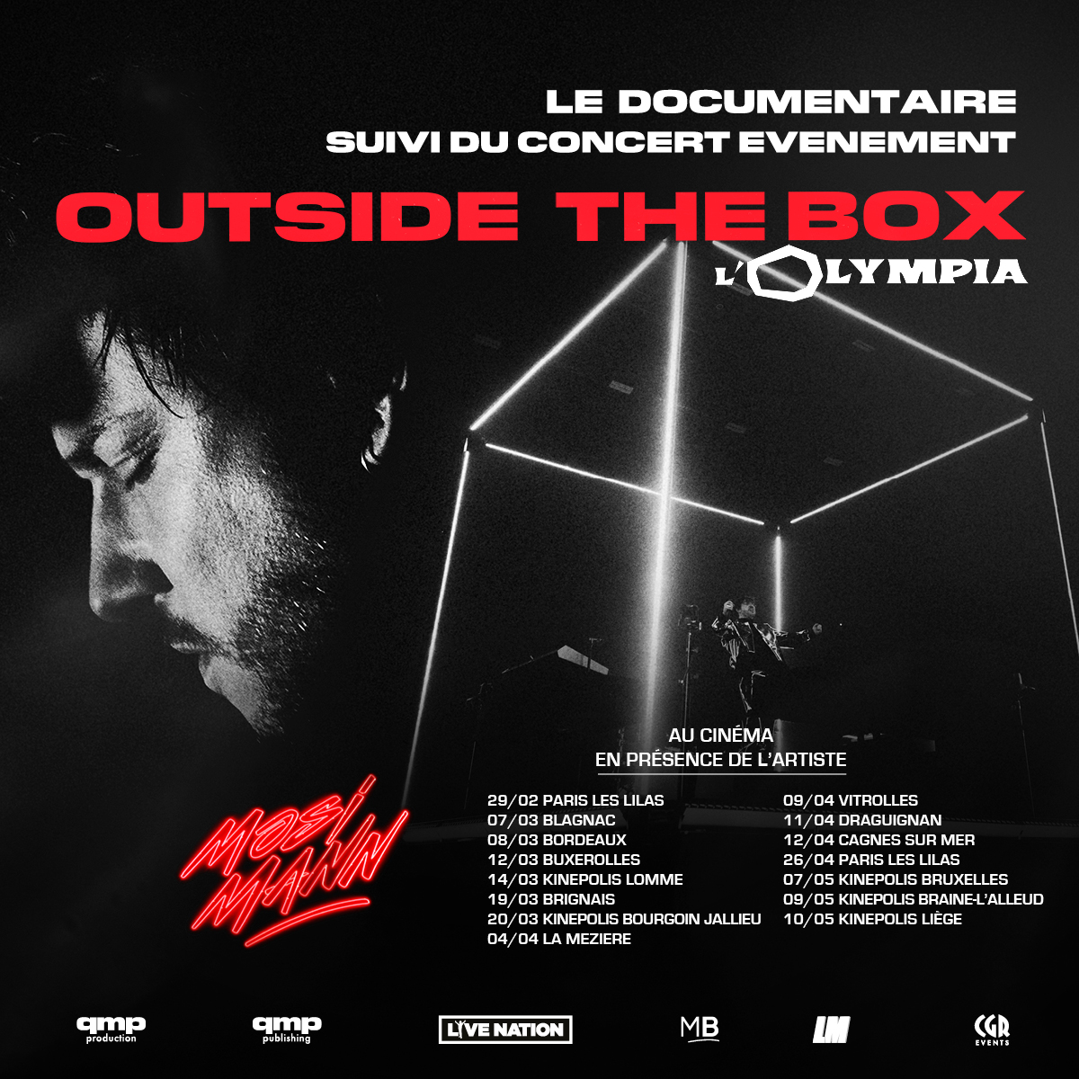 Les dernières dates de la tournée de @Mosimannoff en sa présence arrivent bientôt ! N'attendez plus et prenez vites vos places pour le documentaire Mosimann - Outside The Box à l'Olympia. Retrouvez la liste des cinémas participants ici : bit.ly/3UNIRga