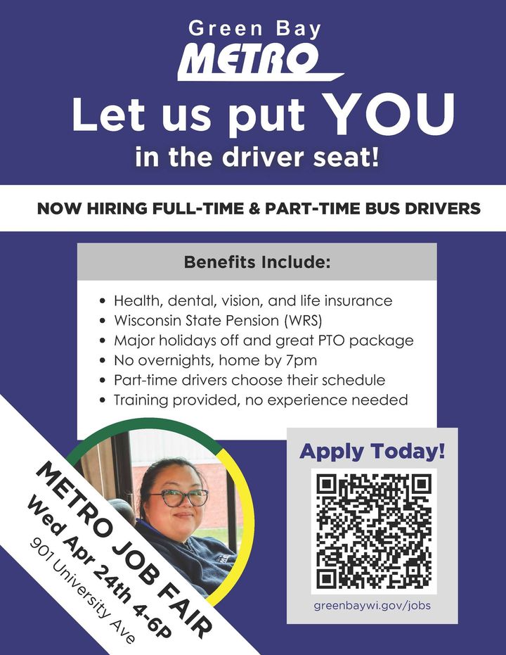 Green Bay Metro is hiring full-time and part-time bus drivers! Attend their job fair on Wednesday, April 24th from 4:00 pm - 6:00 pm at 901 University Avenue. ➡ Apply online at greenbaywi.gov/jobs dlvr.it/T5DXHV