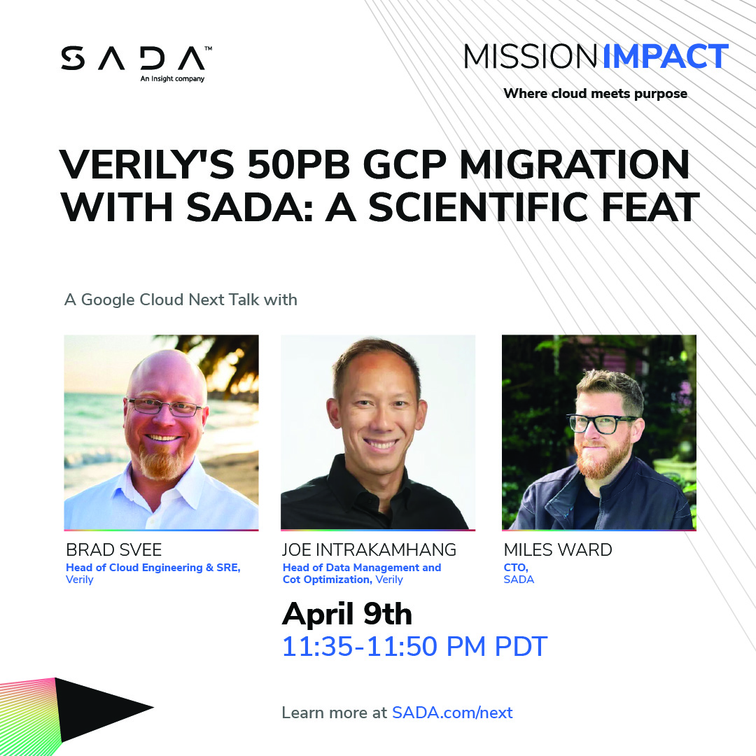 Witness @Verily’s 50PB migration to the #GoogleCloudPlatform. ☁️🚁 @SADA expert @MilesWard leads a panel on #GCP migration. Joining them is Verily’s Head of Cloud Engineering & SRE @sveesible & Sr. Data Scientist & ML Manager, @joe_int. 👉 ow.ly/B5oh50R8zN6 #GCnext24