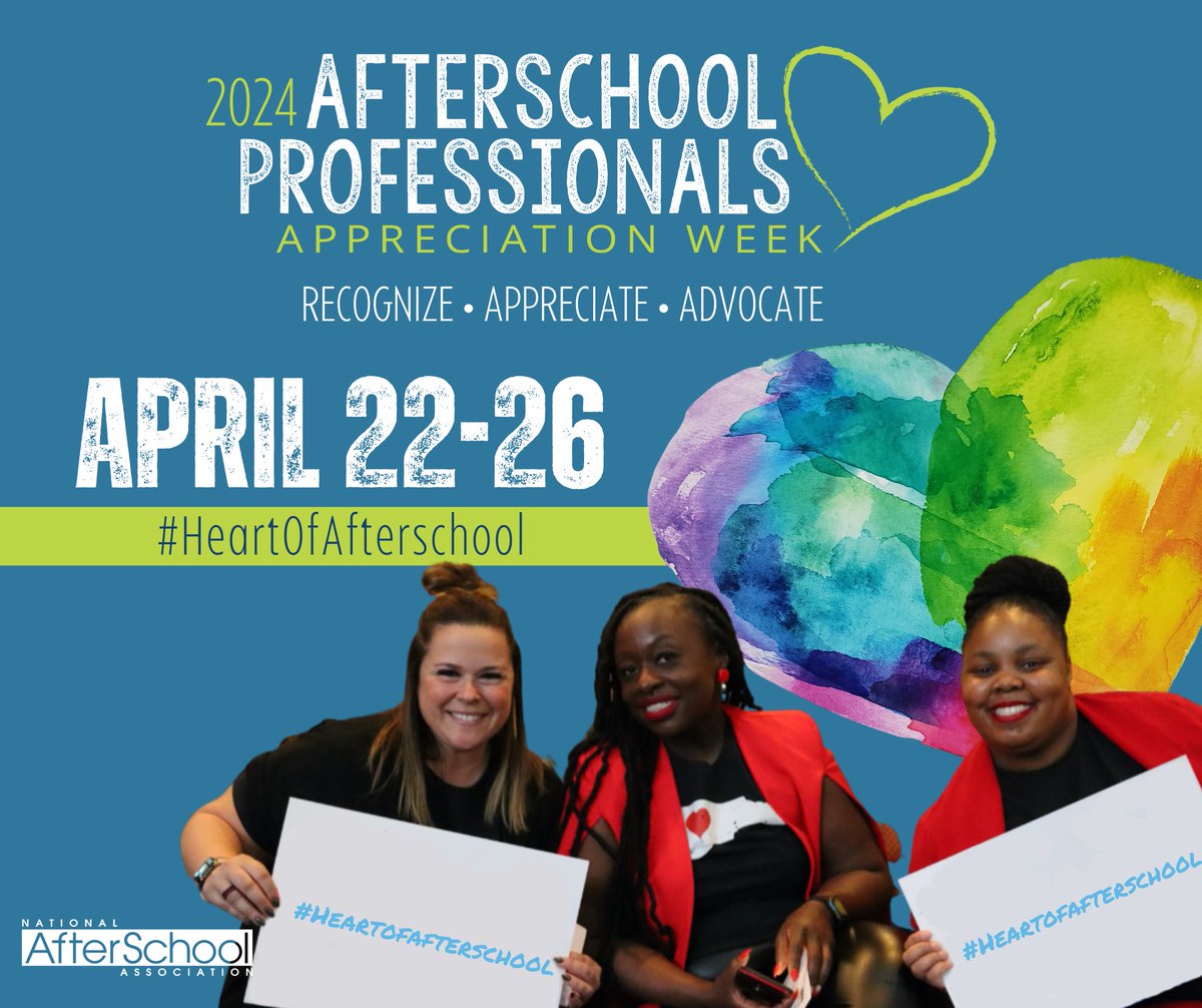 An estimated 850,000 professionals work with children and youth during out-of-school hours providing enriching experiences. Join us April 22-26 as we thank all the afterschool professionals at our program during Afterschool Professionals Appreciation Week. #HeartOfAfterschool