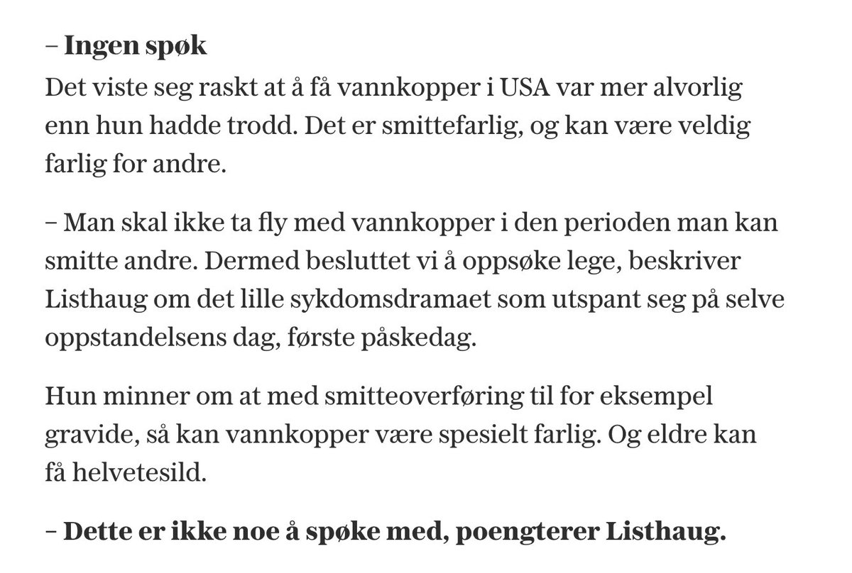 Sylvi Listhaug er sikkert kommet hjem fra påskeferie nå, men håper det viktige poenget hun illustrerte i VG mens hun satt virusfast i USA ikke tar fri: Vannkoppvaksinen hører hjemme på barnevaksinasjonprogrammet. Jo før, jo heller. vg.no/nyheter/i/nQkM…