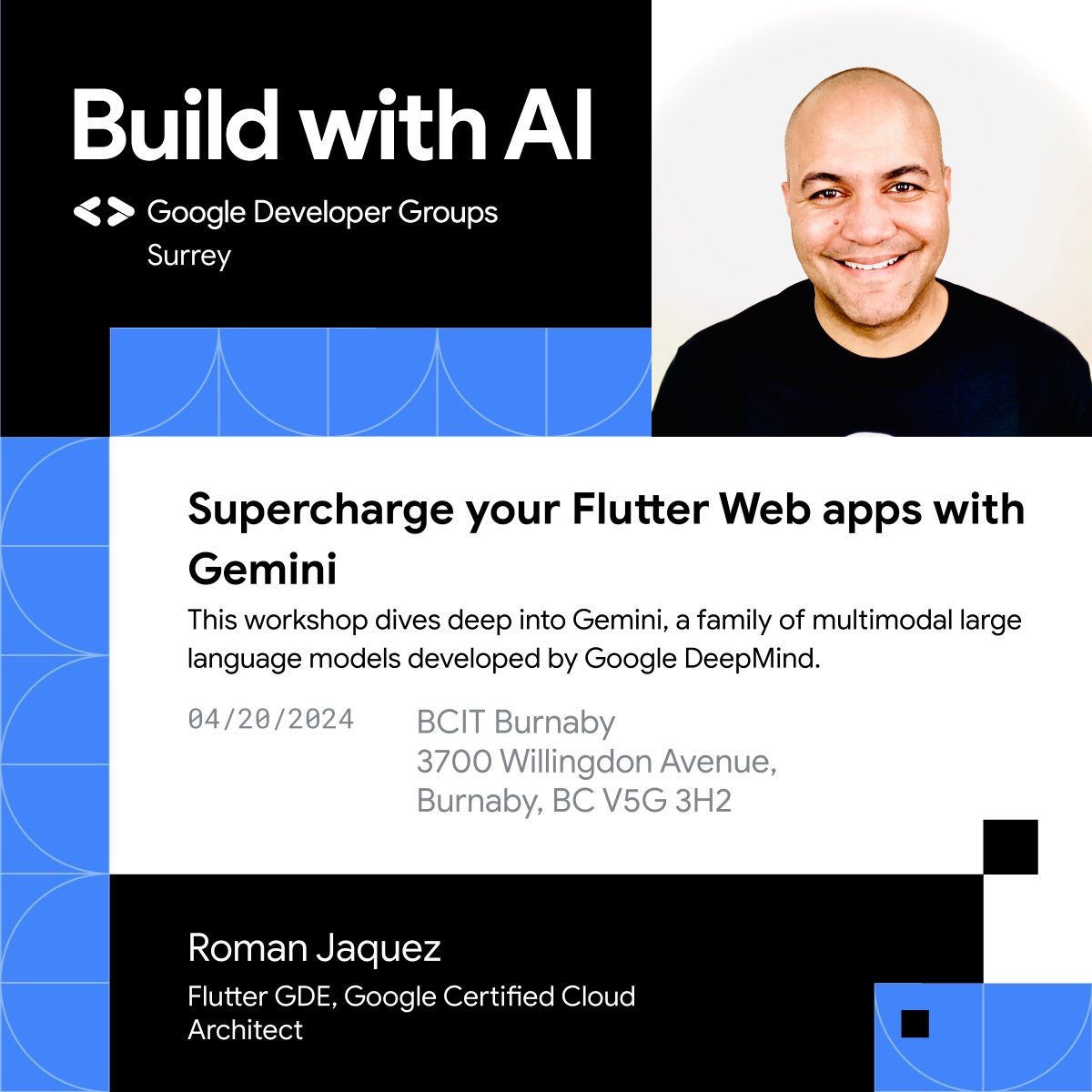 Sup, fam! 💙 I'll be at @GdgSurrey on Sat. 4/20 leading a hands-on workshop on 'Supercharge your @FlutterDev Web apps w/ #Gemini' at their #BuildWithAI event (custom-made labs just for y'all 👍) so come and join us in building next-gen #Flutter web apps powered by Gemini 🎉