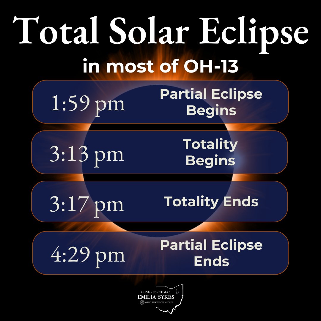 Happy Solar Eclipse Day, #OH13! Here are approximate times for the eclipse phases in the district. Don't forget to keep your eclipse glasses on until the totality phase. Stay safe and enjoy the view! 😎