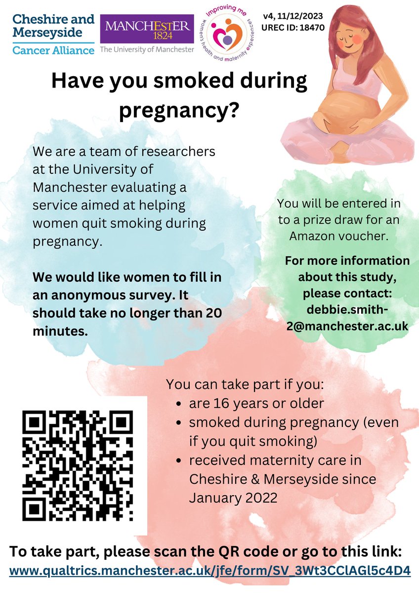 Researchers at the University of Manchester are asking people who have smoked throughout pregnancy to fill out a survey aimed at helping women to quit smoking. To take part please follow this link to the survey: qualtrics.manchester.ac.uk/jfe/form/SV_3W…