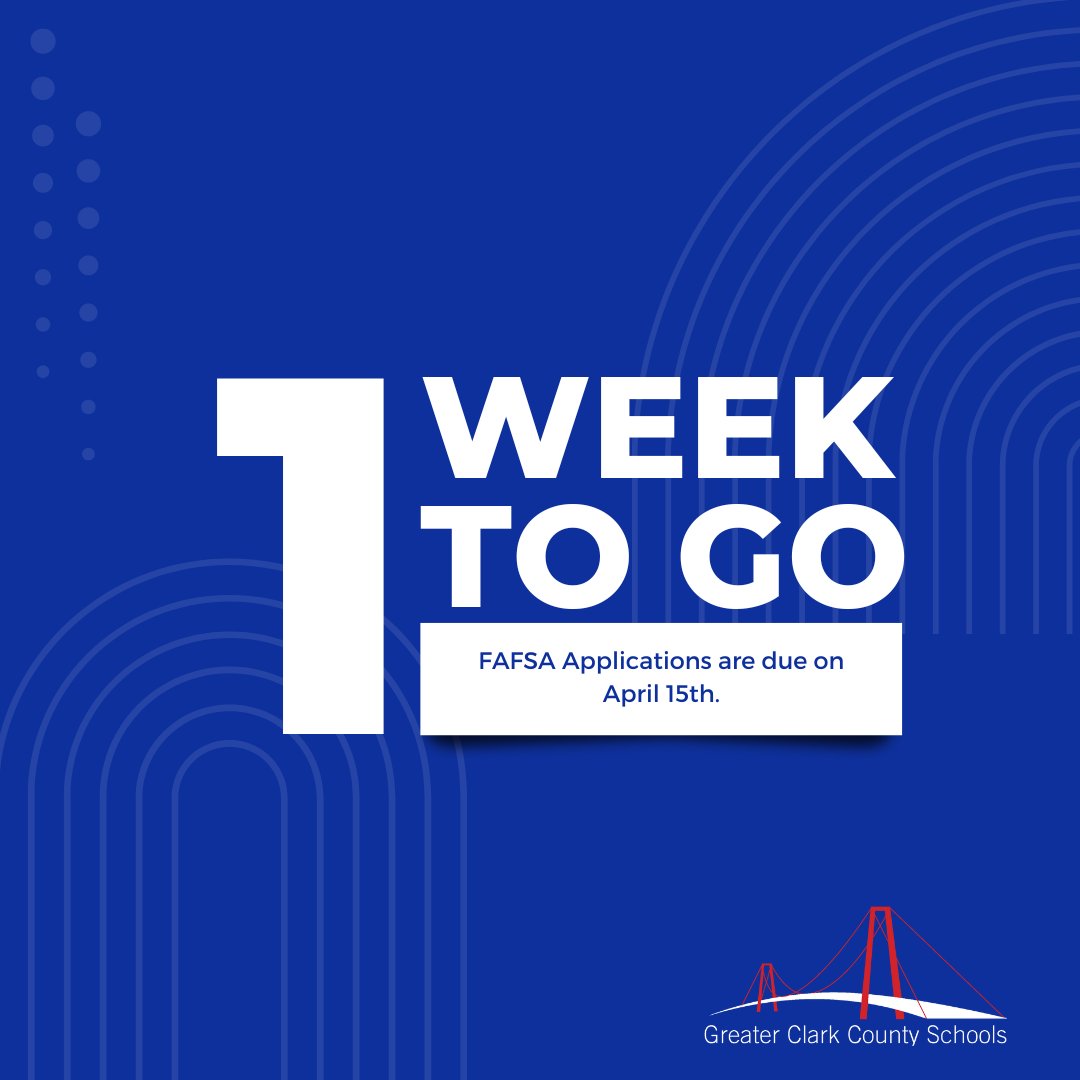 🚨 Attention Students! 🚨 We're down to just 1️⃣ week left until the FAFSA application deadline! Remember, you must complete your FAFSA form by 𝐀𝐩𝐫𝐢𝐥 𝟏𝟓𝐭𝐡 📝🎓 If you have questions reach out to your School Counselor for assistance! #WeAreGreater #FAFSA