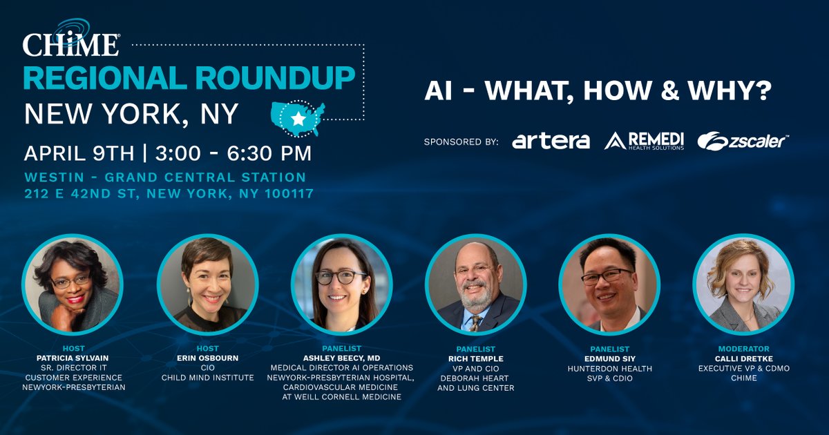 New York City, get ready! 🚀 CHIME Regional Roundup lands tomorrow, April 9th, 3-6:30 PM. Join us for networking, insights, &amp; fun times. Secure your spot now! 👉🏼 chimedhl.org/3IAs5cO 

Thank you <a href="/Artera_io/">Artera</a>, <a href="/ReMediHS/">ReMedi Health Solutions</a>, and <a href="/zscaler/">Zscaler</a>!