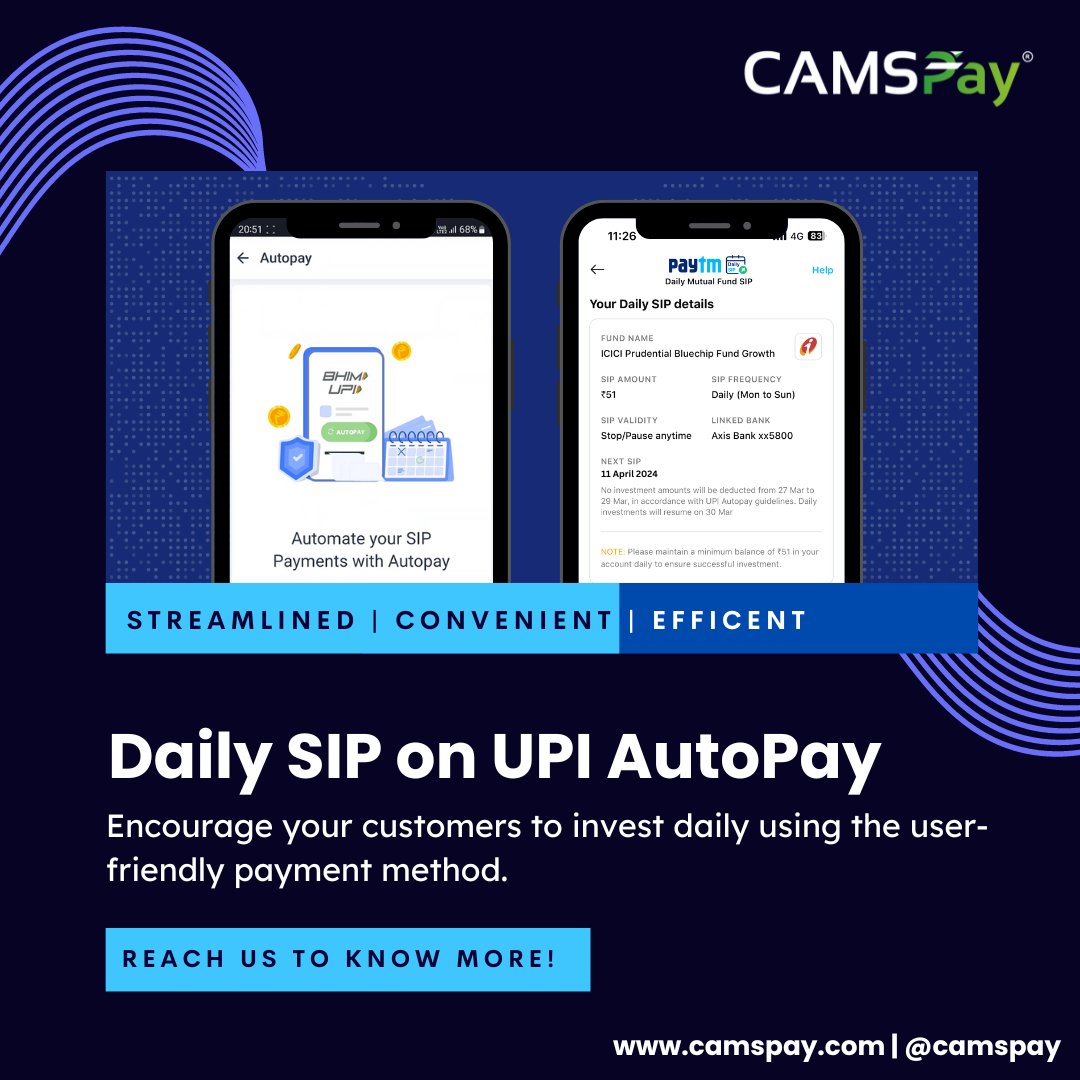 camspay's tweet photo. Small SIPs, Big Dreams &amp; Effortless Savings! Offer your customers the ease of daily SIP on UPI AutoPay for recurring investments. Help them grow their savings consistently and see their future flourish, all while making payments a breeze. 
#UPIAutoPay #DailySIP #Investments https://t.co/uBgs4ZBp5Y