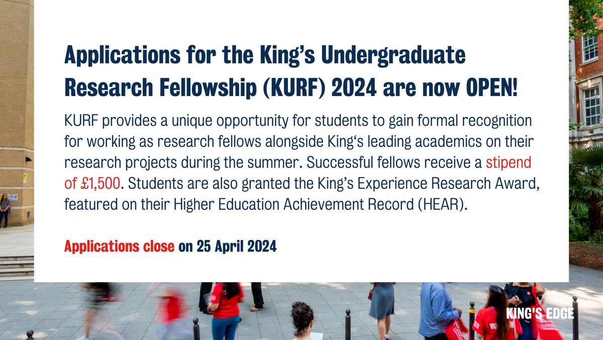 🚨KURF Applications have now opened!🚨 With KURF, you’ll develop your understanding of research methods, presentation skills, communication skills and teamwork skills, alongside with a stipend (£1,500 for 150 hours). 📖 🎤 🤝 💷 Apply by 25 April: loom.ly/aBDUvR8