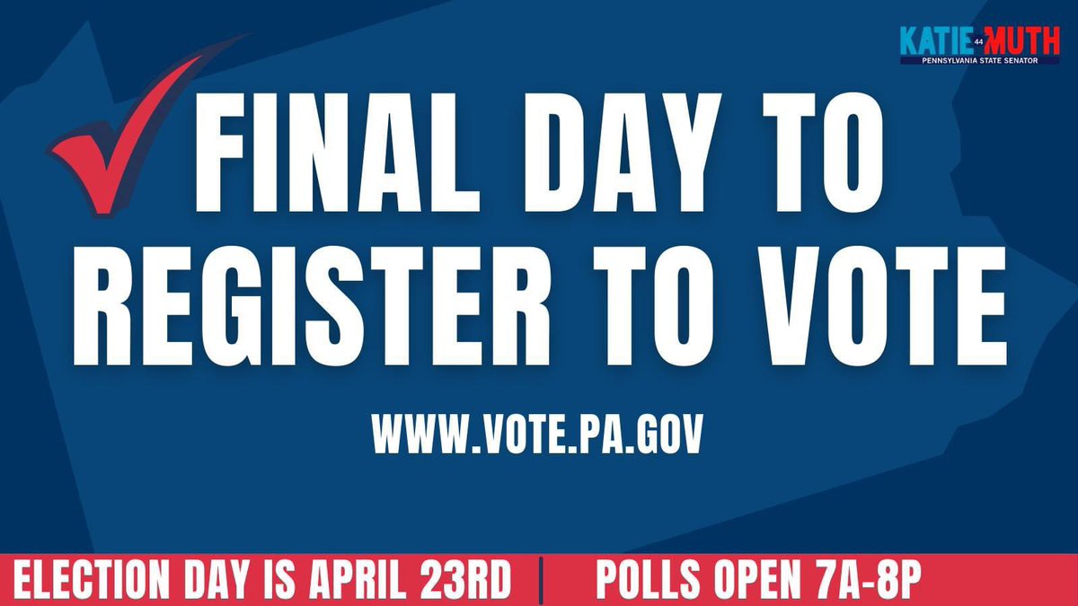 ⚠️ Pennsylvania: TODAY is the last day to register to vote or update your registration information ahead of the April 23rd primary: 

✅ Check your information & status: vote.pa.gov/Status
✅ Register or update your info: vote.pa.gov/Register
#ReadytoVotePA